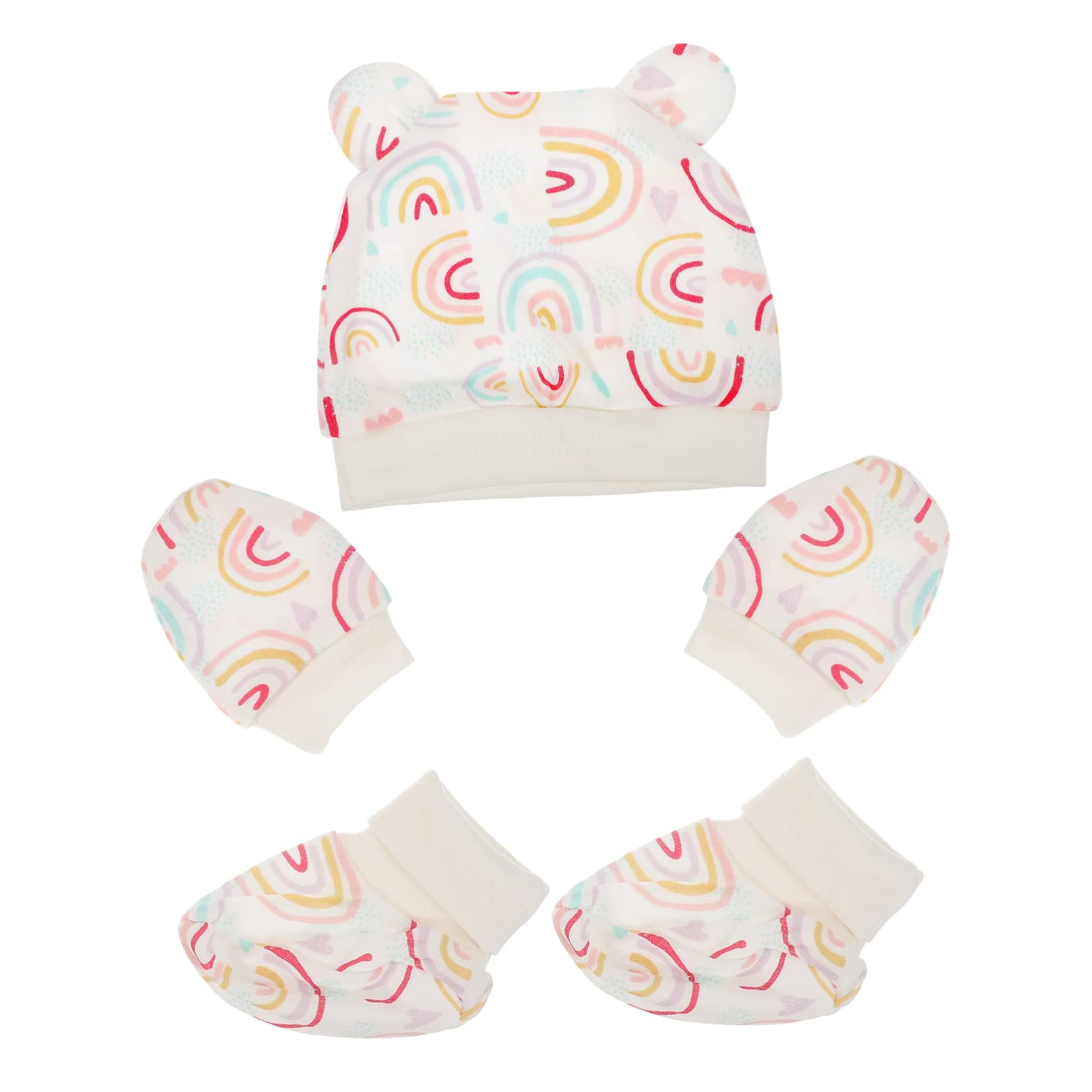 CONGARTENO 1Set Hat and Sock Skin Friendly Cotton Scratch Gloves for Newborns Lovely Design Foot Covers present for Parents Rainbow Outfit