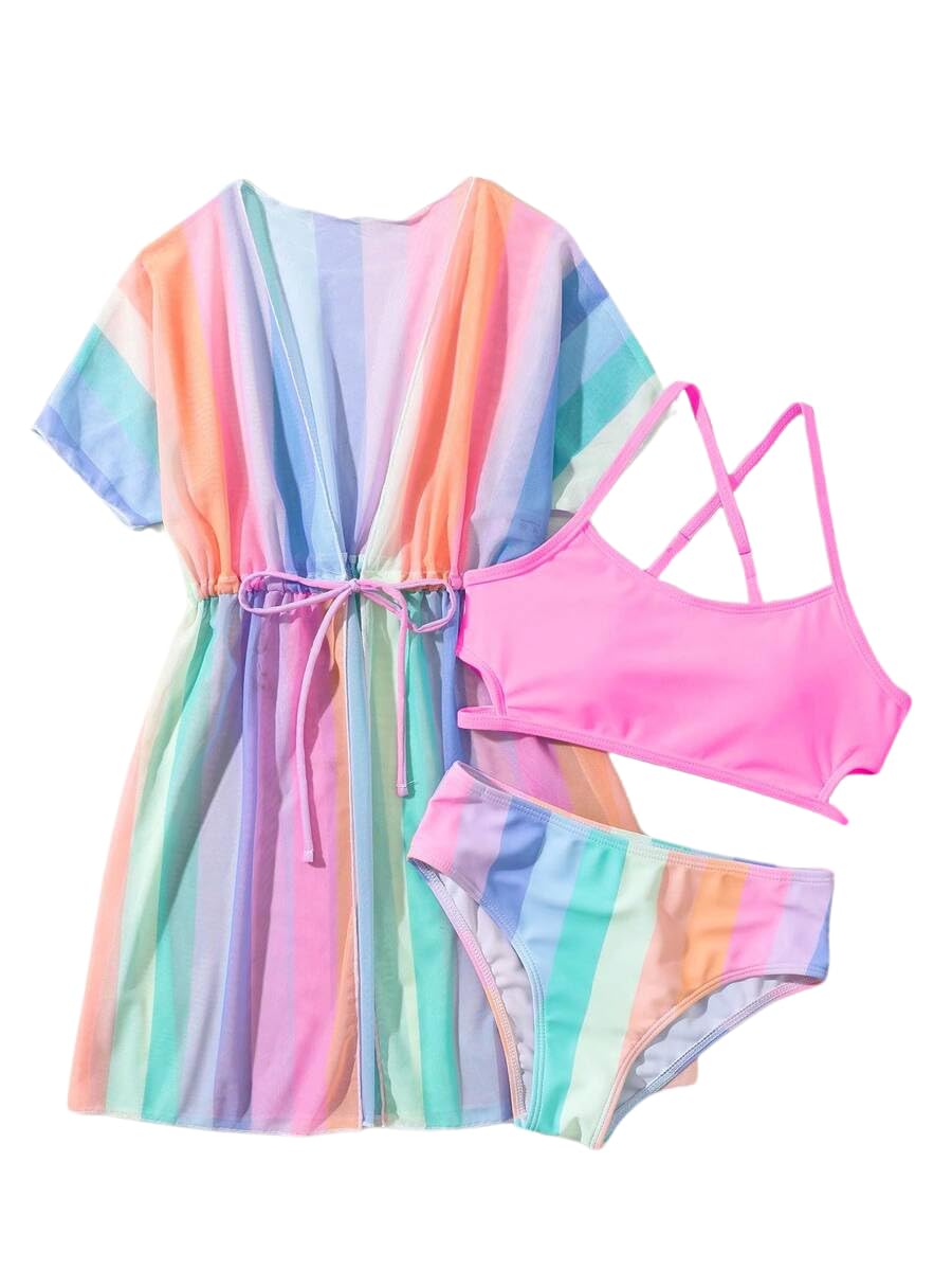 Girls Bikini Set 3 Piece - Striped Multicolored Swimsuit with Quick Dry Cover Up - Bathing Suit for Kids 6-14 Years