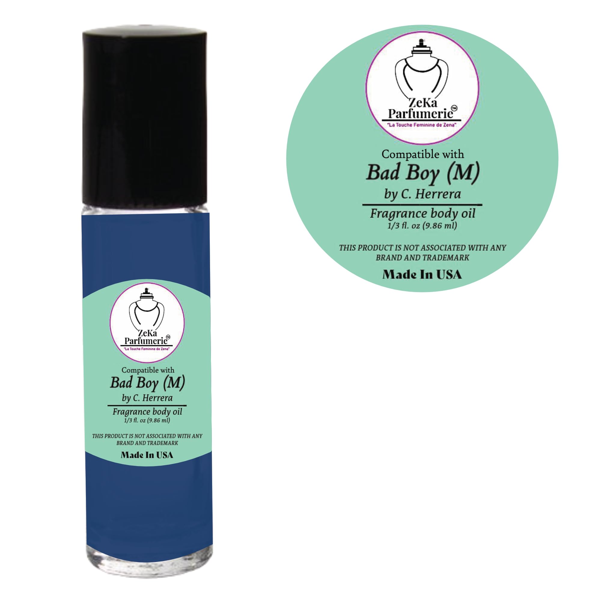 ZEKA PARFUMERIE Compare to Aroma Compatible with Bad Boy by C. Herrera for Men Fragrance Body oil on 1/3 oz (9.86ml) Travel size Roll-On Botlle