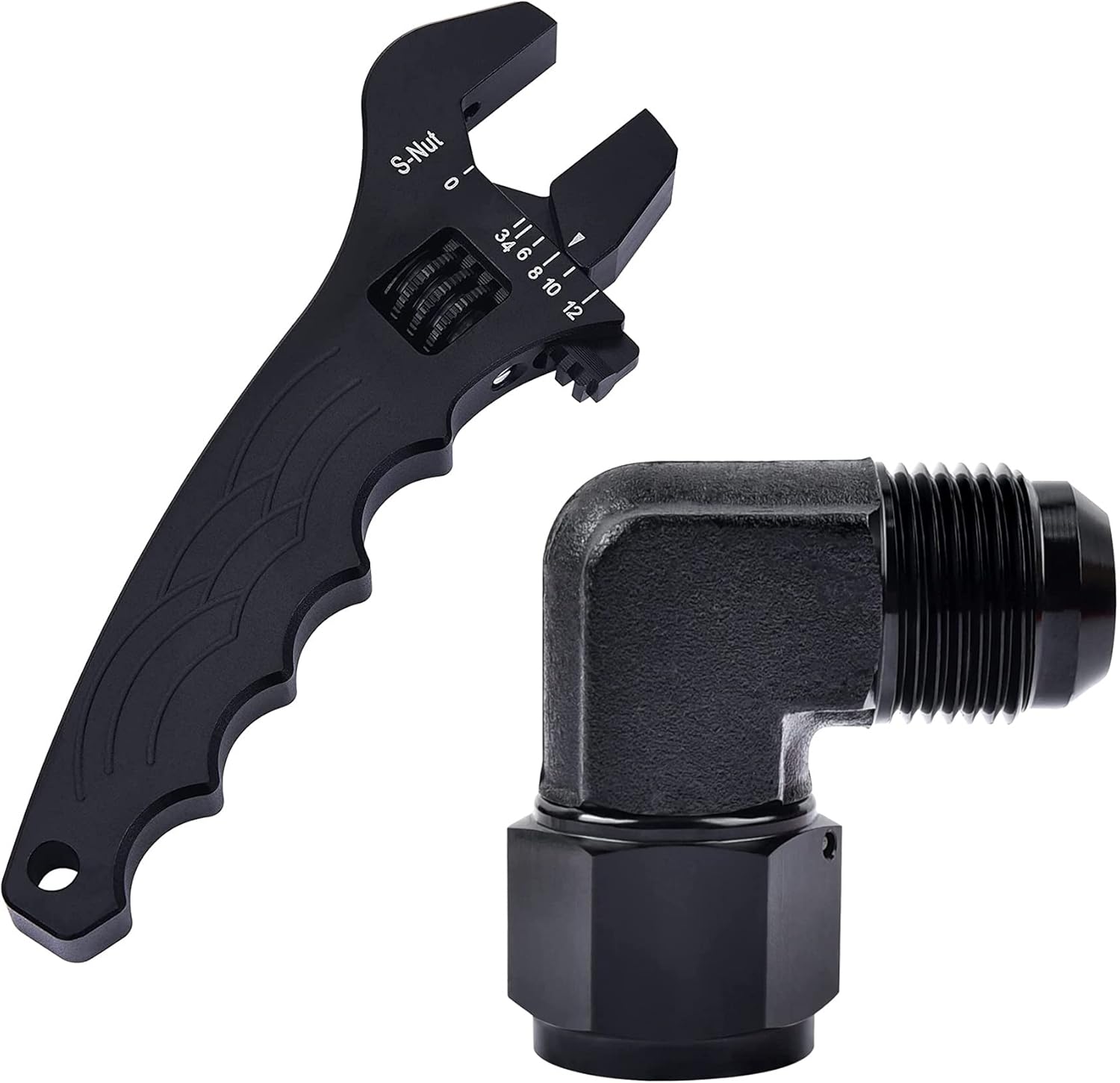 EVIL ENERGY 10AN Female to AN10 Male 90 Degree Swivel Fitting Bundle with Adjustable 3AN-12AN Wrench Aluminum Black