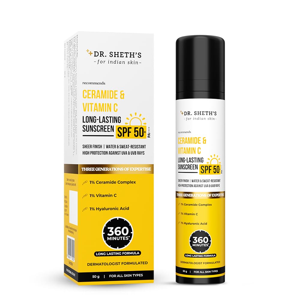 Dr. Sheth's Ceramide & Vitamin C Long lasting Sunscreen SPF 50+ PA++++ 6 hrs Advanced UV & Tan Protection | No White Cast,...