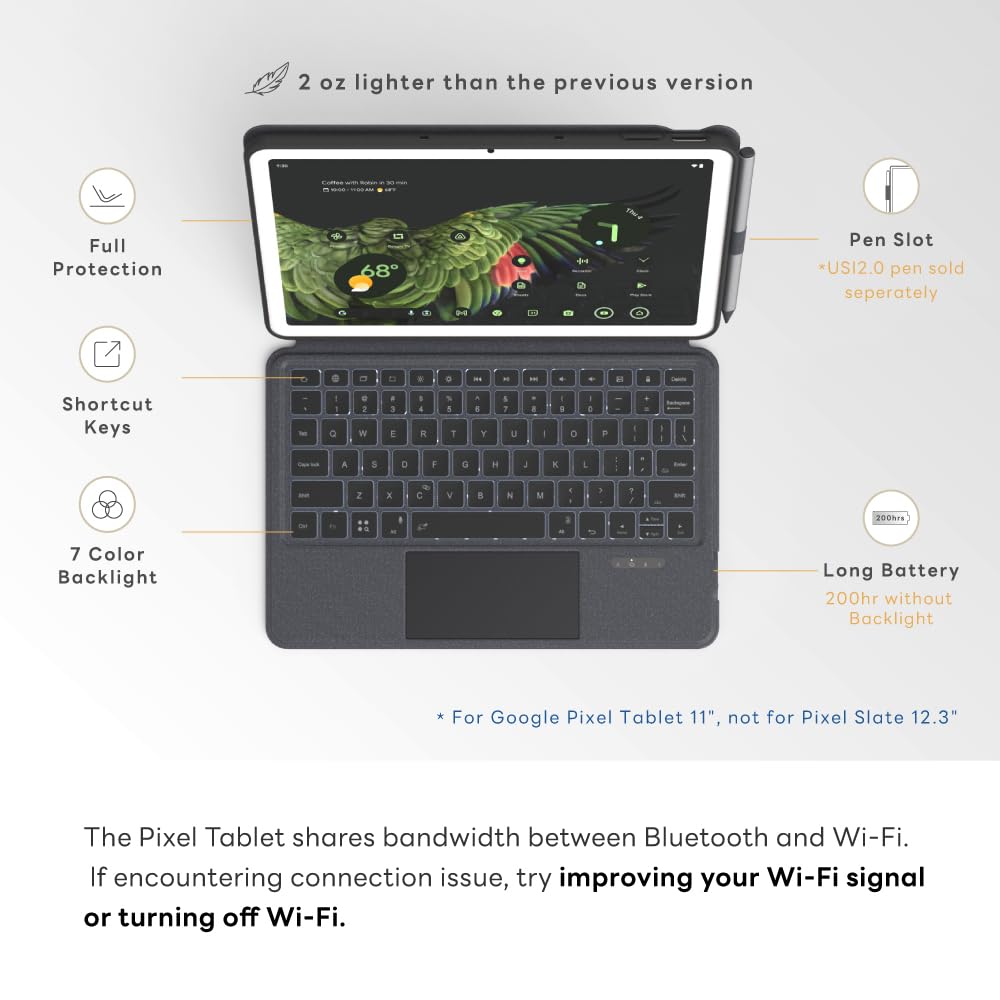 EIP Magnetix Keyboard Case for Google Pixel Tablet 11 inch (2023), Adjustable Viewing Angle, Detachable, Easy Carry, Protective Cover Compatible with Speaker Dock, 7 Backlight Color, US Layout