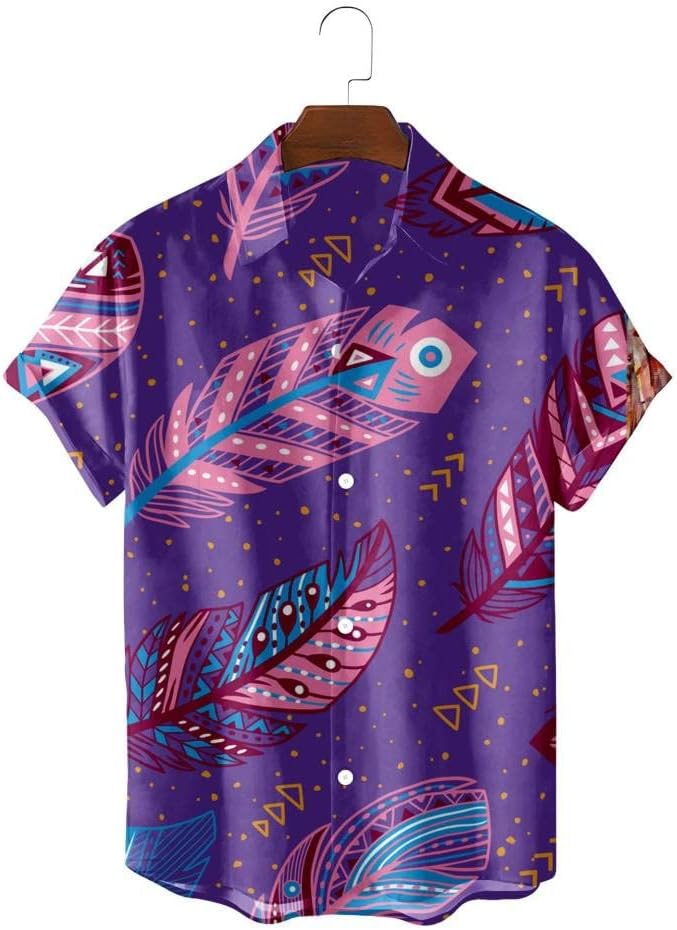 Camisa Hawaiana Hombre - Hombres 3D Pluma Púrpura Estampado Suelto Solo Botón Ropa De Hombre Camisa Casual Botón Abajo Regular Fit Tops, Top Para Una Comodidad Duradera