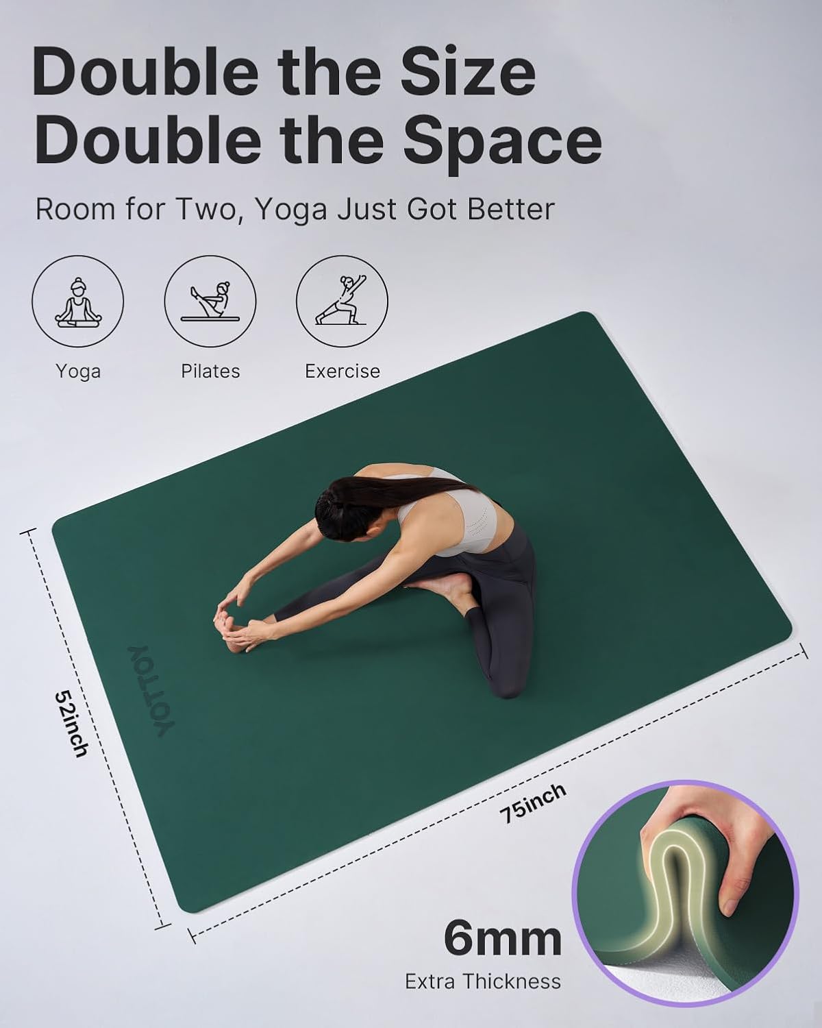 yottoy large yoga mat (75 * 52 * 1/2inch),extra wide tpe exercise mat,non-slip workout mat for pilates, fitness, barefoot, home gym studio with strap and towel green 75*52*1/4inch