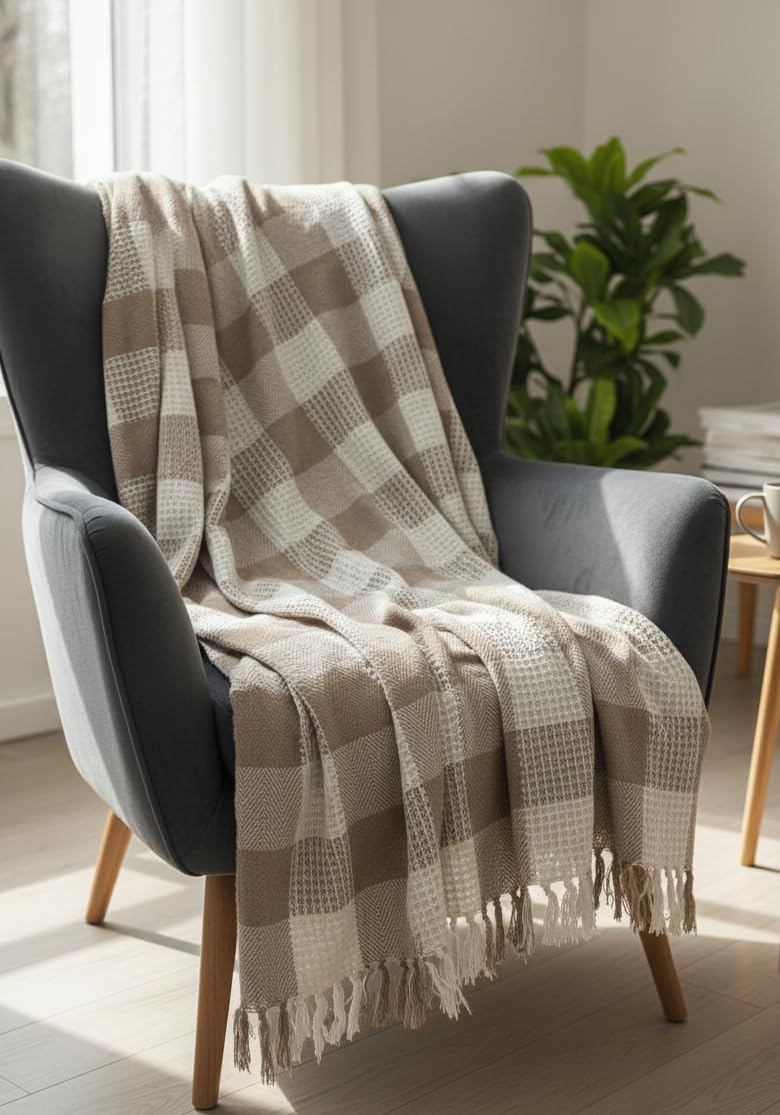 Waffle & Herringbone Knit Throw Blanket- Lightweight Breathable Accent Blanket for Couch, Chair or Bed - Modern Tasseled Design, Size 50x60 inches (Beige)-image-1