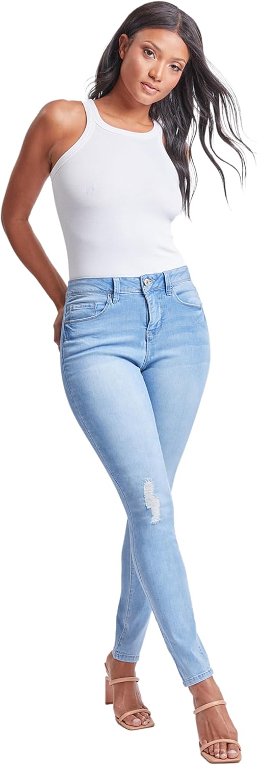 Royalty for Me Women's Tummy Control High Rise Essential Skinny Jeans, Sky Blue Rips, 10 - Image 5