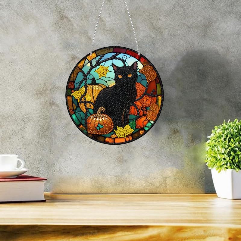 Miniatura 2 de LUSandy DIY 5D Halloween Calabaza Gato Diamante Kits de Pintura de Diamantes Cartel Colgante Letrero Arte de Pared Gato Diamante Arte Suncatcher