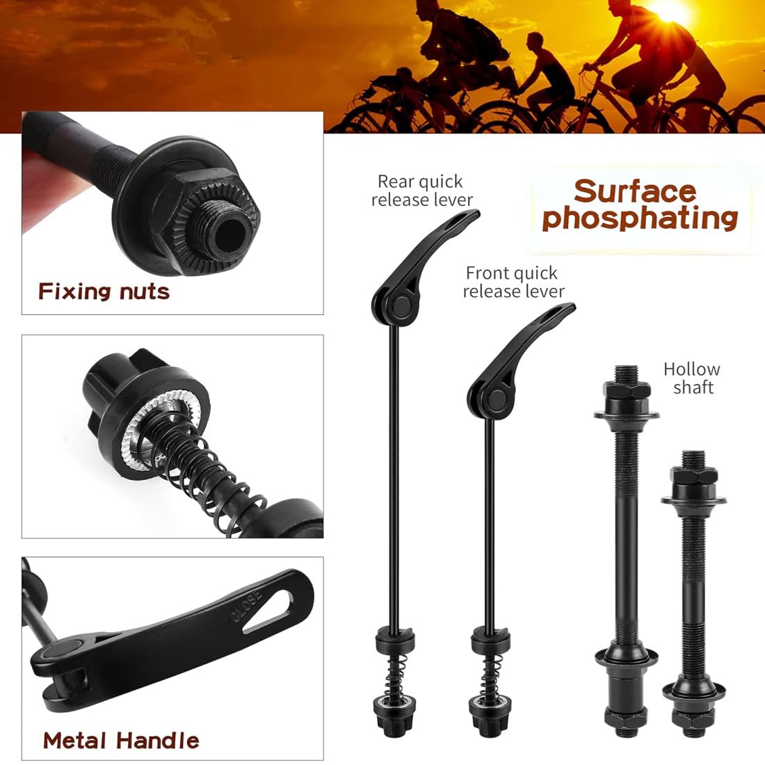 Sgancio Rapido Bici in Ferro, 1 Paia Set Anteriore e Posteriore Assale Albero Cavo per Strada, MTB, BMX, Nero