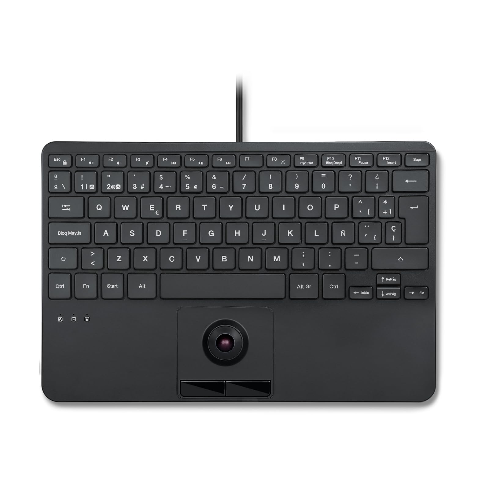 Perixx PERIBOARD-427 ES: Klawiatura USB z kablem - Zintegrowany trackball, białe/czerwone podświetlenie, kompaktowa konstrukcja - 2 porty USB i układ QWERTY hiszpański