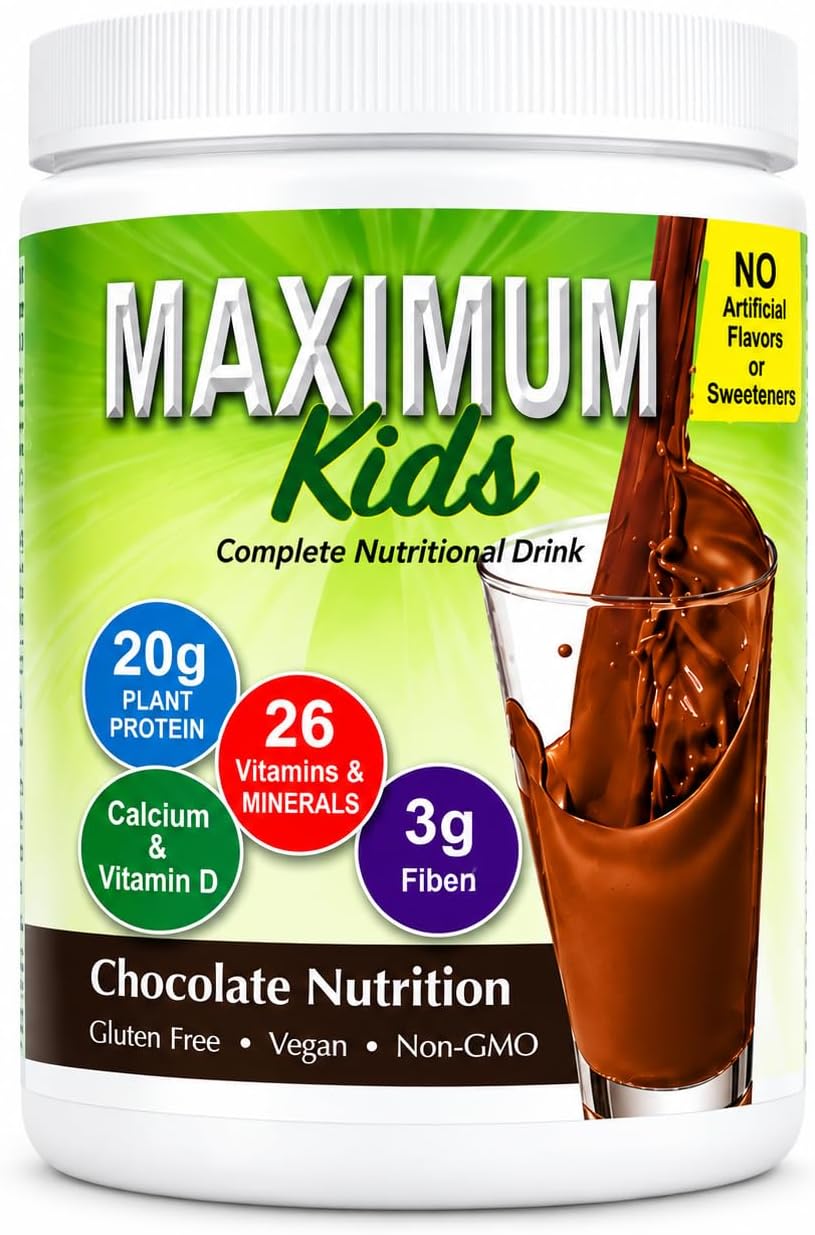 Maximum Kids Complete Organic Powder Mix. Great Tasting, Easy to use, Complete Nutritional Drink with 26 Vitamins and Minerals, 20g of Plant Protein, 3g of Fiber. Kid Tested. Parents Approved.