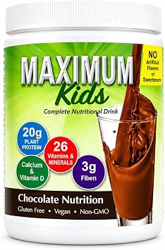 Maximum Kids Complete Organic Powder Mix. Great Tasting, Easy to use, Complete Nutritional Drink with 26 Vitamins and Minerals, 20g of Plant Protein, 3g of Fiber. Kid Tested. Parents Approved.