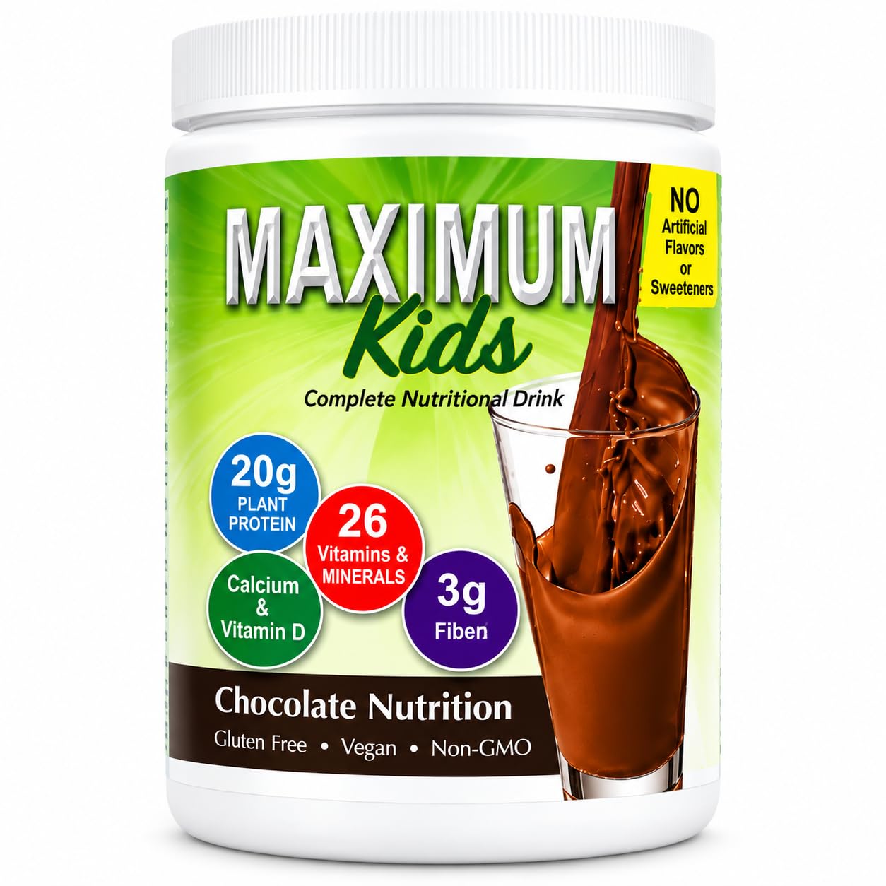 Maximum Kids Complete Organic Powder Mix. Great Tasting, Easy to use, Complete Nutritional Drink with 26 Vitamins and Minerals, 20g of Plant Protein, 3g of Fiber. Kid Tested. Parents Approved.