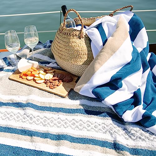 Laguna Beach Textile Co. Striped Cabana Beach Towel - Oversized, Plush 630 GSM Cotton - Ocean Blue and Almond Beige