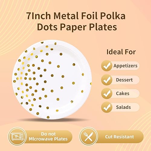 Miniatura 5 de Platos y tenedores de papel para fiestas, juego de vajilla de papel desechable blanco y dorado, 25 platos de postre de papel de 7 pulgadas + 25