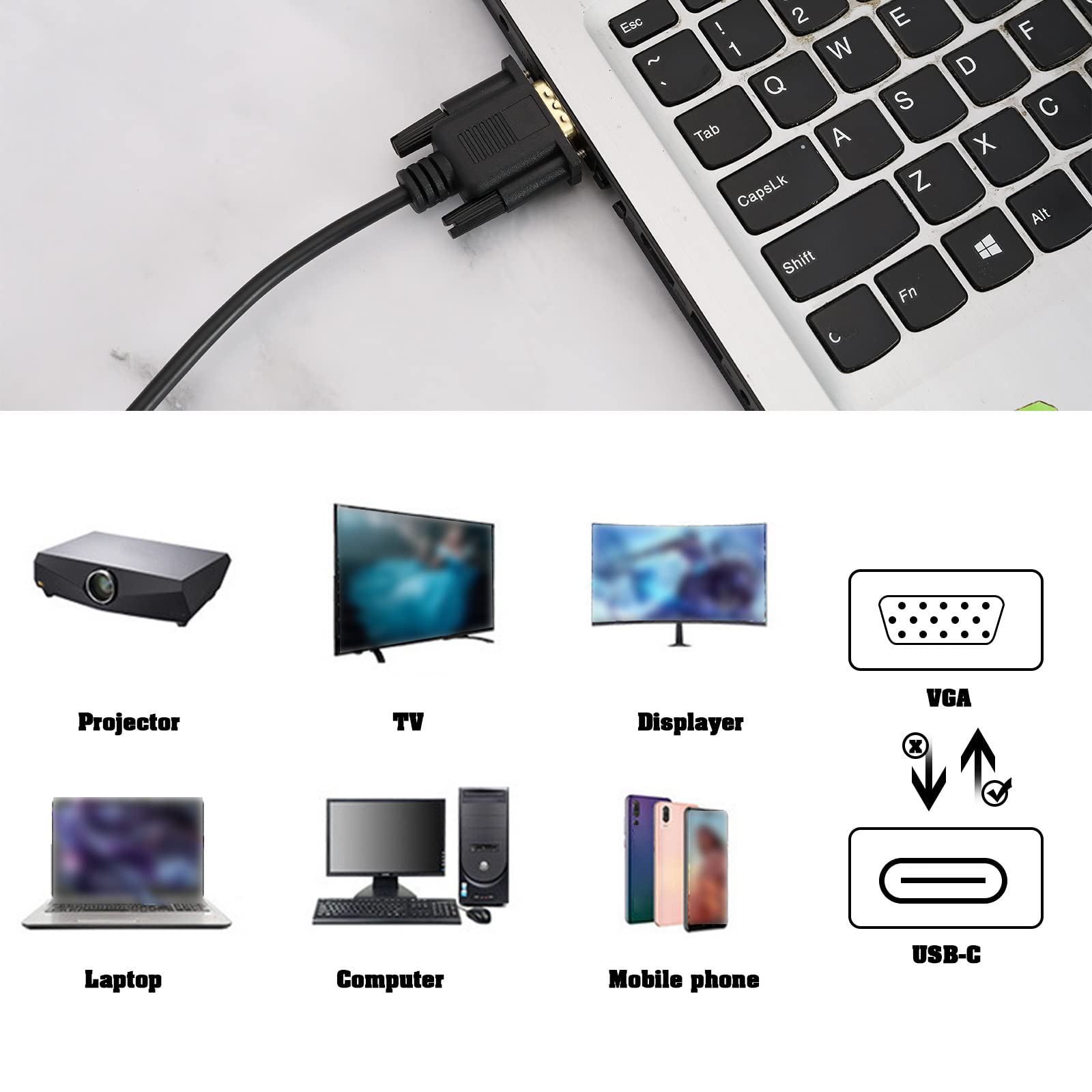 Cavo da USB-C a VGA USB di tipo C a VGA, cavo di prolunga da 1080P per computer, desktop, laptop, monitor, TV, apparecchiature ad alta risoluzione, 6 piedi