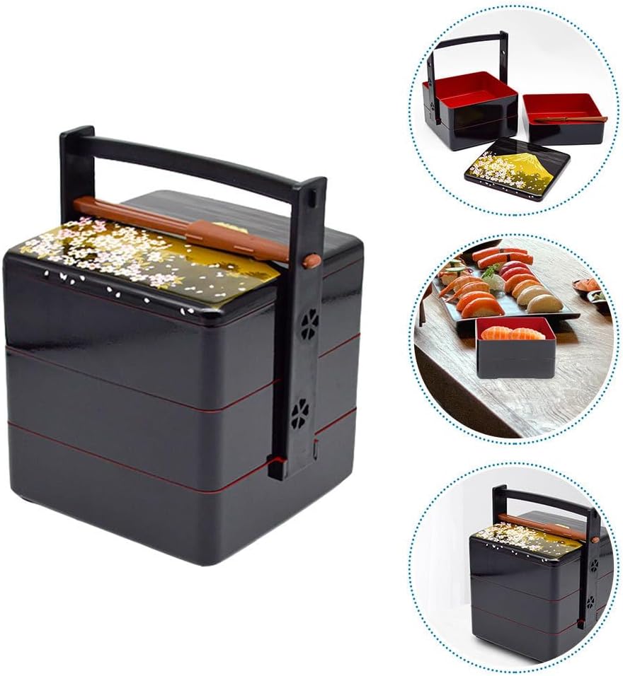 Luxshiny Japanese Bento Lunch Box Three Tiers Stack Box with Chopsticks Jubako Osechi Decorative Lunch Containers Picnic Sushi Bento Holder Case - Image 4