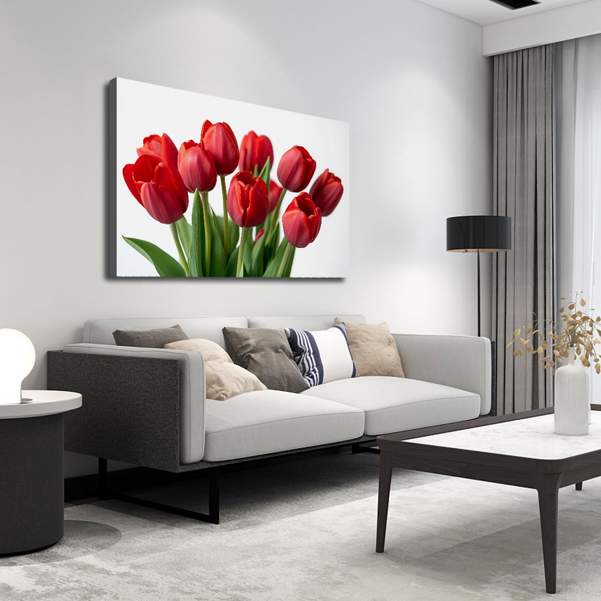 TOANGWALL Czerwone tulipany na płótnie, sztuka ścienna, zielone liście, kwiaty, malarstwo, druk botaniczny, nowoczesny, oprawiony plakat, współczesny obraz ścienny, obrazy ścienne do jadalni, gabinetu