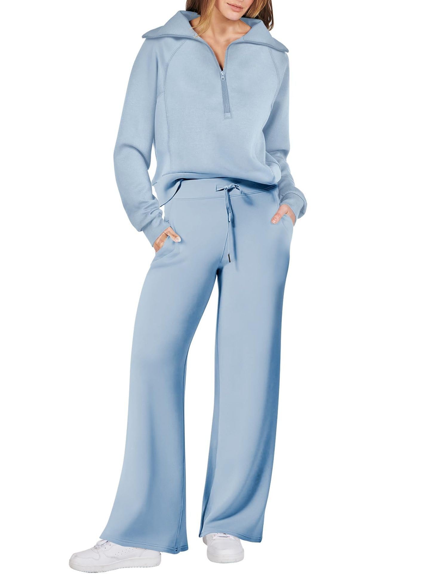 Set casual da donna in due pezzi per yoga, corsa, loungewear a maniche lunghe, felpa con mezza zip, top e pantaloni a gamba larga, abbigliamento da casa a maniche lunghe
