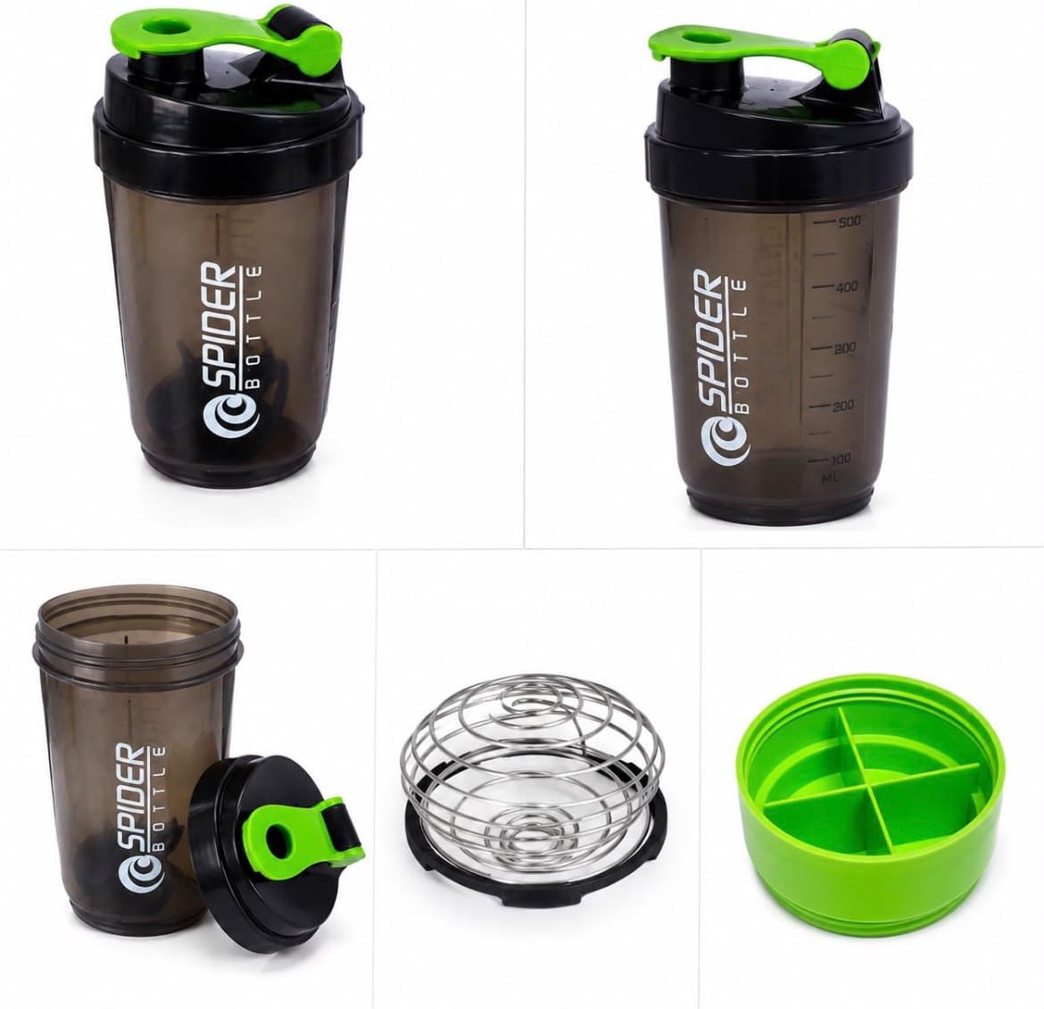 KE Sports Spider Bottle Protein Shaker with Mixing Ball, Black and Green, 500ml Capacity, Leak-Proof Design, Storage Compartment-image-42