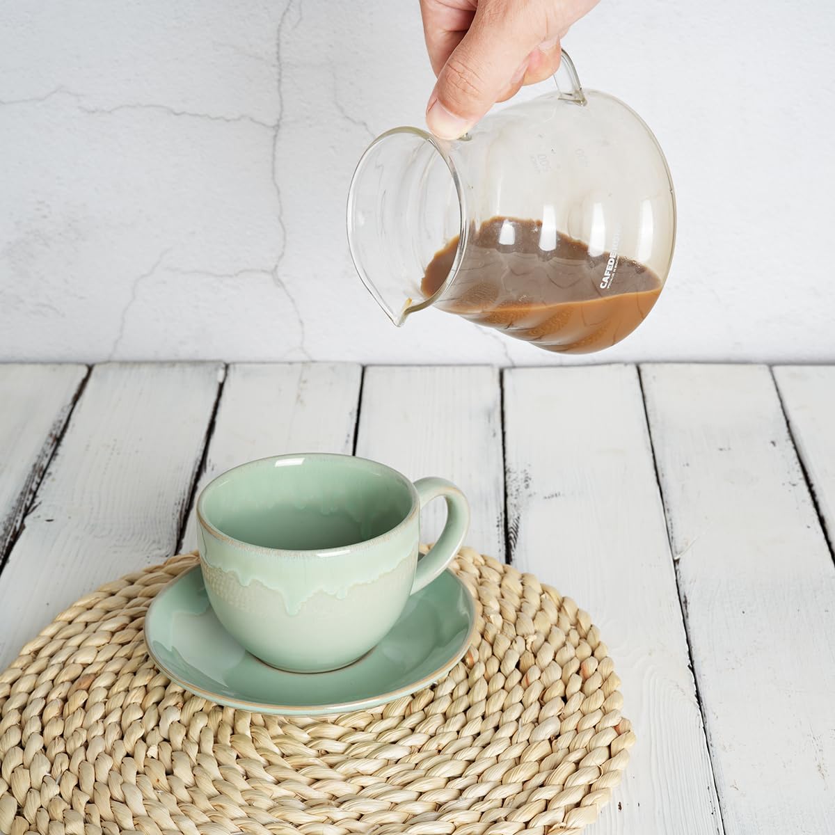 Bosmarlin Ceramic Cappuccino Cup and Saucer Set of 2, 10 Oz, Coffee Cups for Latte, Espresso, Tea, Dishwasher and Microwave Safe, Reavtive Glaze (Green) - Image 5