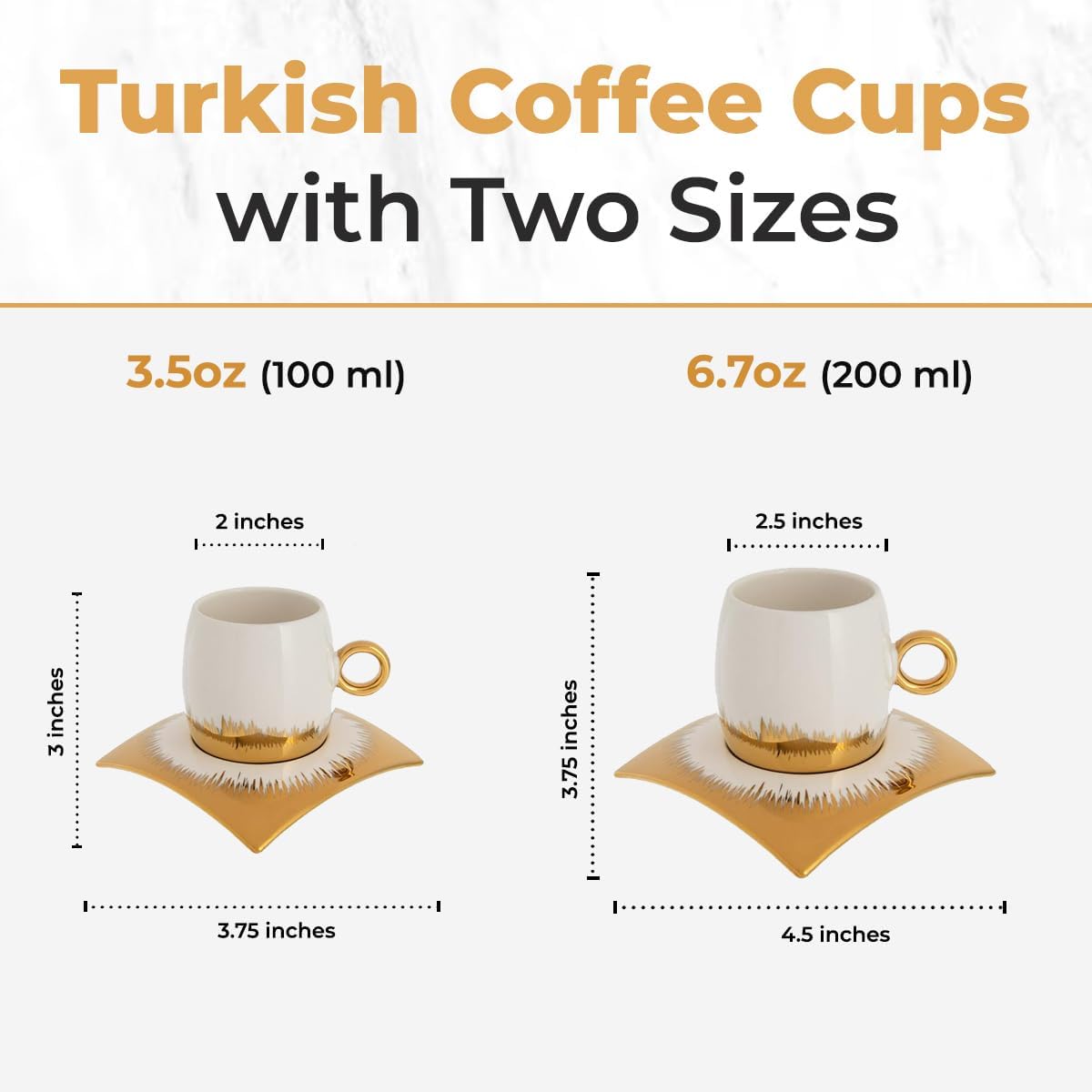 Turkish Coffee Cup Set of 6 with Saucers & Tray - Luxury Arabic Greek Japanese Marble Ceramic Tea Cups for Espresso Cappuccino Latte Mocha, Ideal Gift - 6.7oz,- Assorted Colors