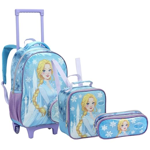 Kit Mochila de Rodinha Infantil Princesa com Lancheira e Estojo Feminino Menina Grande C/Alça 3 Peças