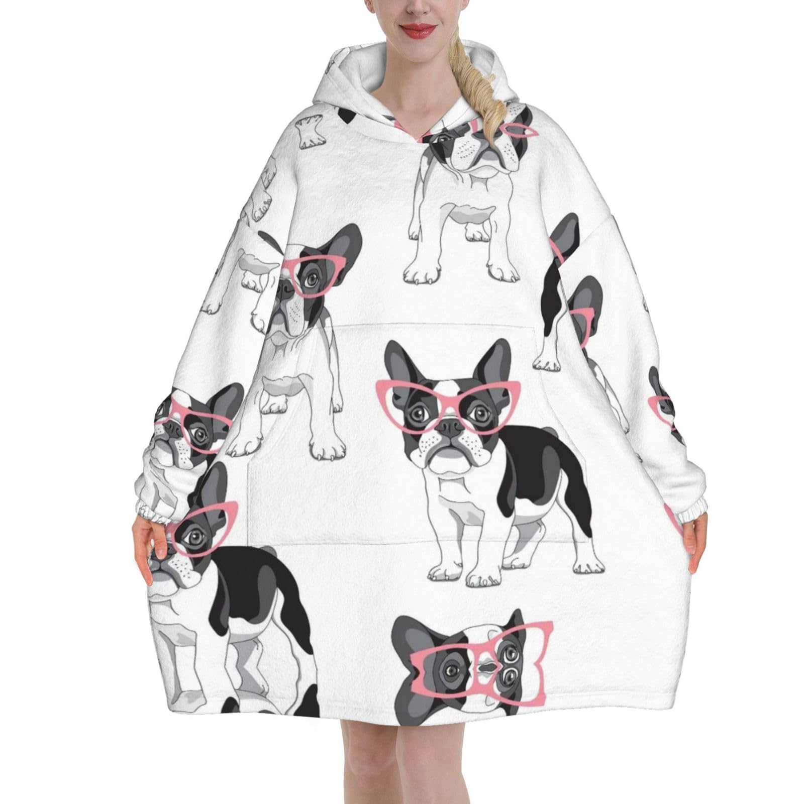 Poadnly Unisex As Picture Black Frenchie Cartoon French Bulldog Pink Glasses White Dog,Women's Oversized Wearable Blanket Hoodie, Blanket Sweatshirt,Flannel Pullover Blanket