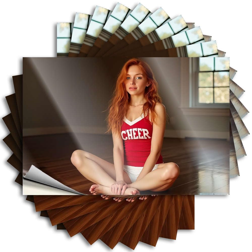 Sticker Mancave Stuff for Men Custom Stickers, Garage Waterproof A Young Woman in A Red Cheerleading Outfit Sits On A Wooden Floor. for Hydro Flask | Autumn Vinyl Decals for Items(8X12CM)