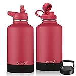 CIVAGO 64 oz Insulated Water Bottle With Straw, Half Gallon Stainless Steel Sports Water Flask Jug with 3 Lids (Straw, Spout and Handle Lid), Large Metal Thermal Cup Mug, Classic Red