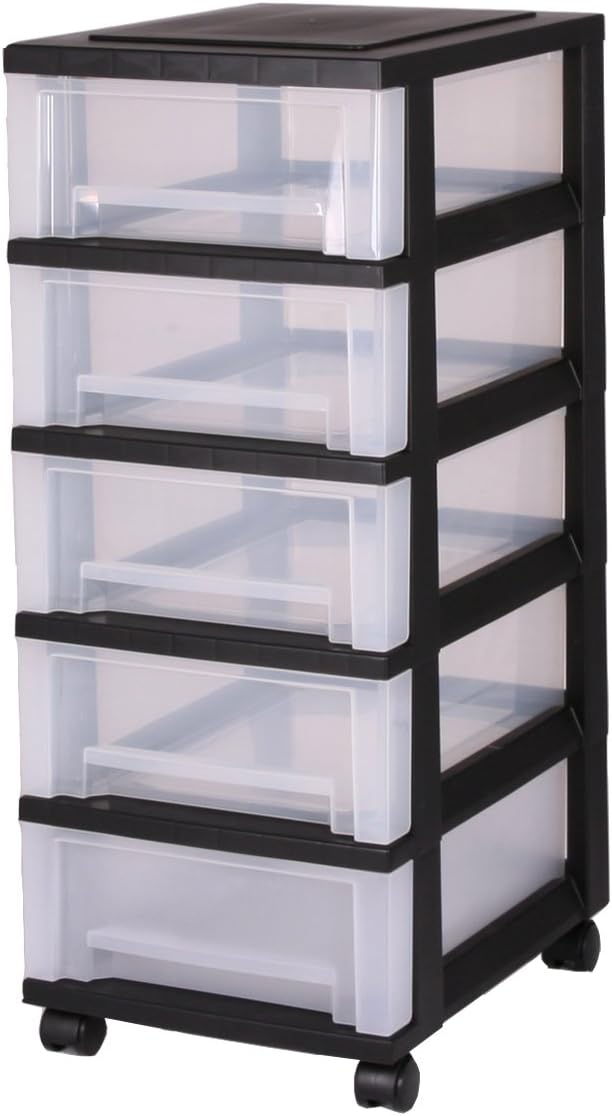 Iris Ohyama, Tower, Chest of Drawers, Plastic Storage Organizer with ergonomic handle, 11L, 5 drawers, With wheels, BPA free, Office, Bedroom, Living room, SDC-005, Black