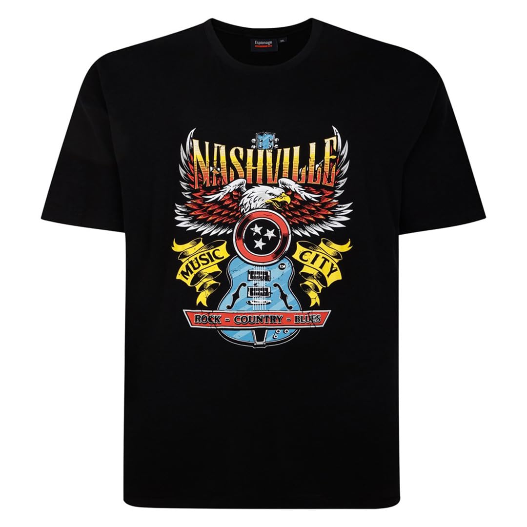 Espionage Short Sleeve T-Shirt for Men with Nashville Print in Black, 4XL