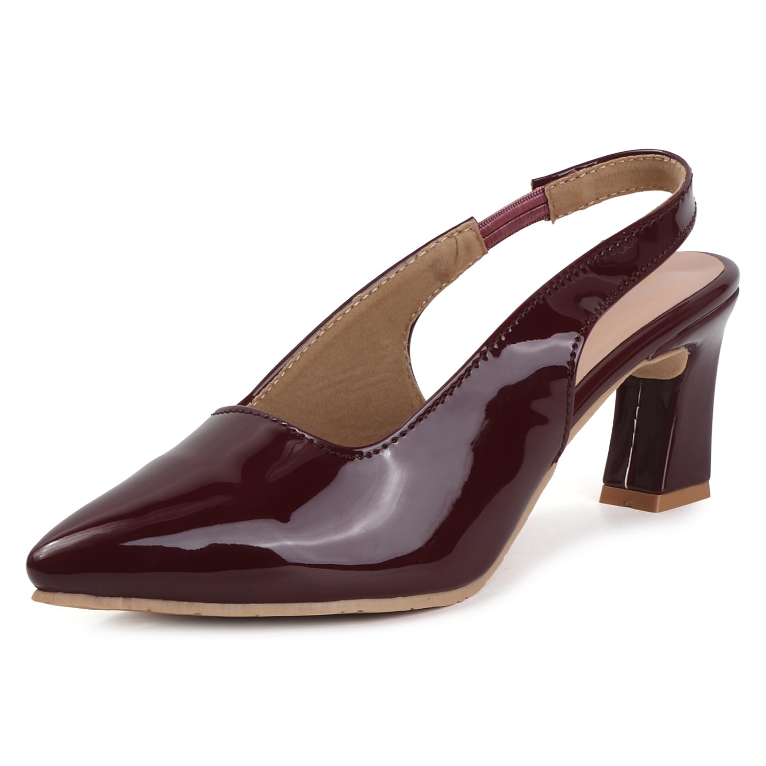 denill Women's Burgundy Patent Slingback Heels Pointed Toe Block Heel Elegant Sandal With Non Slip Sole-picture-45
