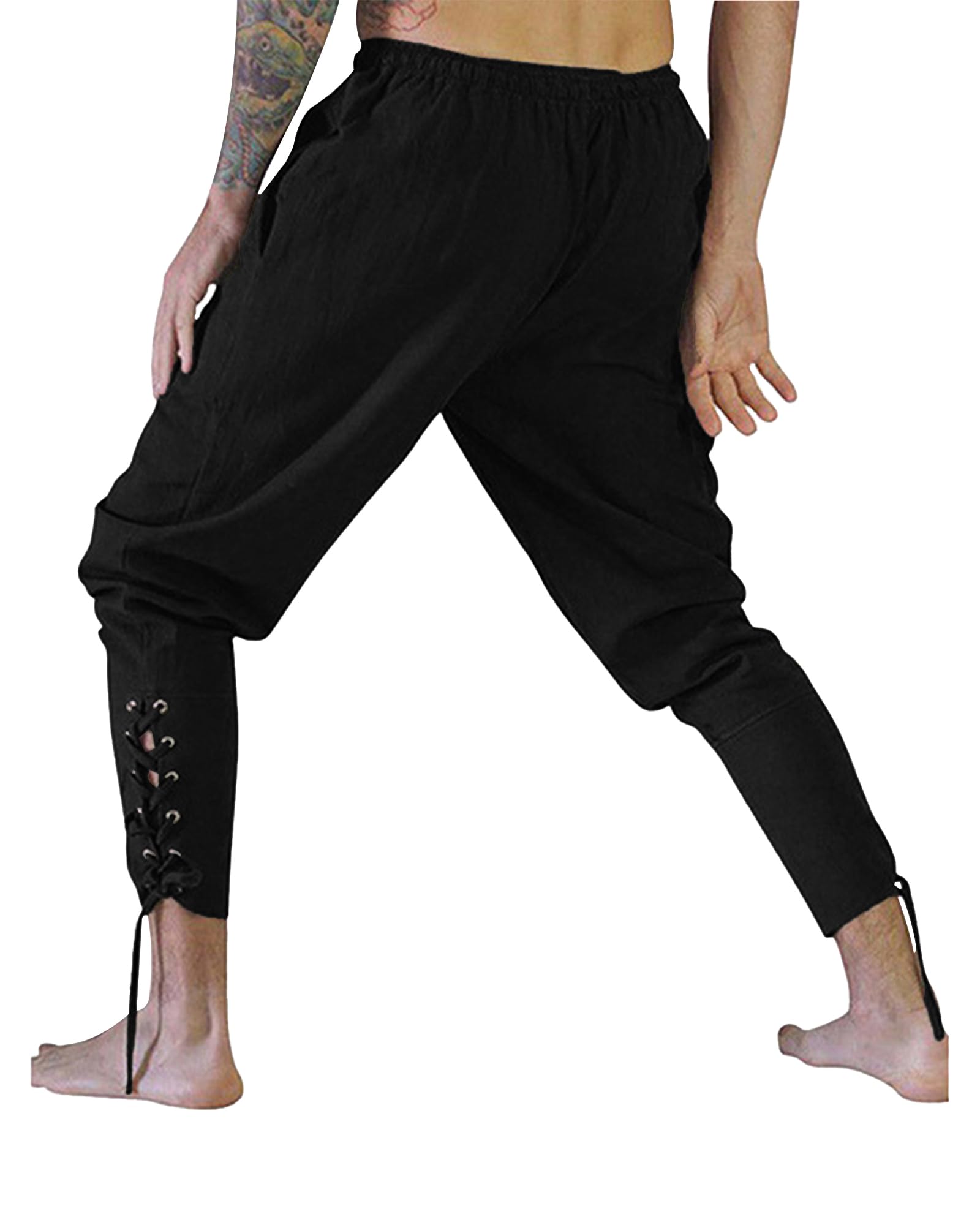 YAOHUOLE Herren Mittelalter Hose Vintage Freizeithose mit Taschen Renaissance Piratenhose Cosplay Kostüm Hose Herren Lang
