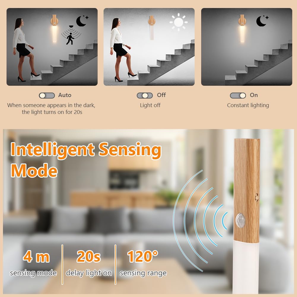 HOTUT 2 Pezzi Luci Notturne USB Ricaricabili Con Sensore Di Movimento - 2000mAh, Dimmerabili, 3 Colori - Per Camera, Corridoio, Scale
