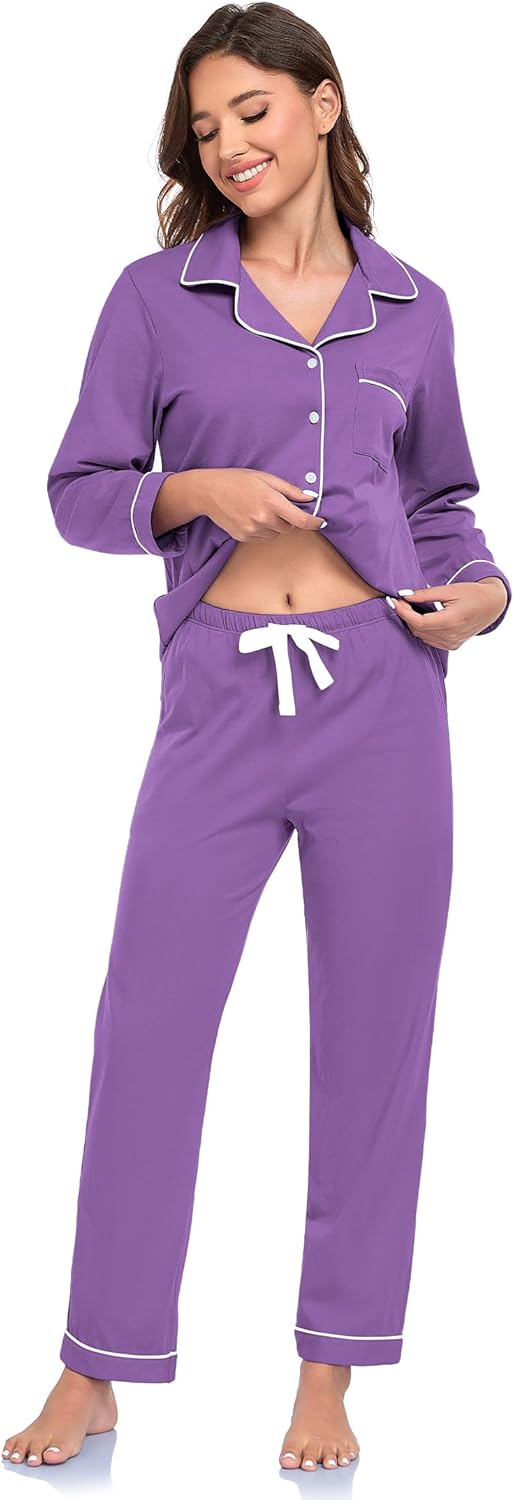 COLORFULLEAF 100% Cotton Pajama for Women Long Sleeve Shirt with Pants Sleepwear Soft Lounge Pjs Sets with Pockets S-XXL - Image 4