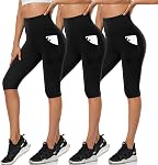 DHSO 3 Pack Knee Length Leggings with Pockets High Waisted Capri Pants Biker Shorts for Women Yoga Workout Summer