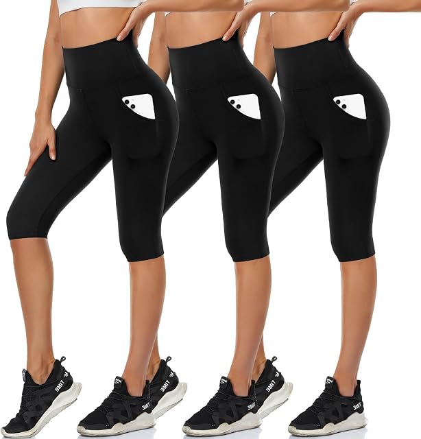 DHSO 3 Pack Knee Length Leggings with Pockets High Waisted Capri Pants Biker Shorts for Women Yoga Workout Summer