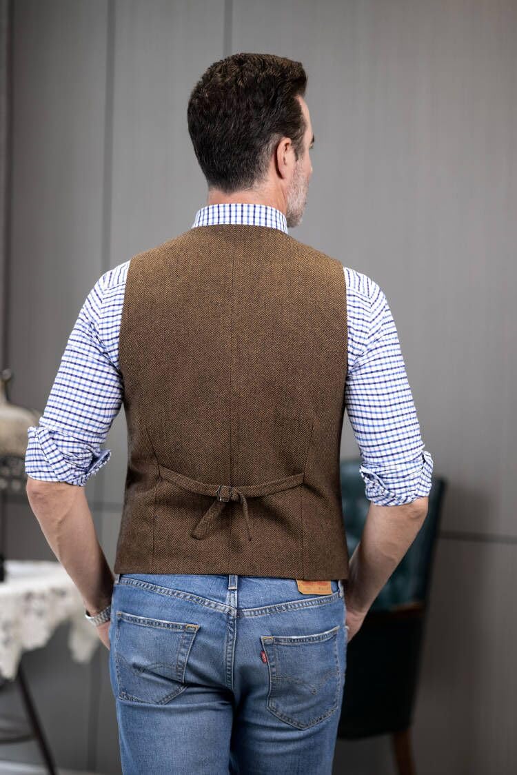 Męska kamizelka w jodełkę, wełniana, tweedowa, dekolt w serek, slim fit, sukienka z 3 kieszeniami, kamizelka na ślub, studniówkę, do biznesu