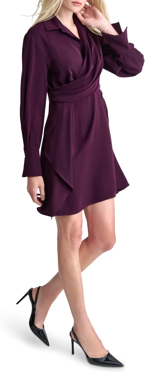 DKNY Womens Long Sleeve Surplice Neck Mini Faux Wrap Dress - Image 3