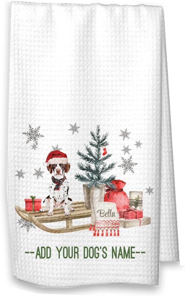 Studio 9Thirty3 German Shorthaired Pointer Christmas Kitchen Towel – Dog on Sled Design, Personalized Holiday Hostess Gift, Custom Dog Lover Home Décor (German Shorthaired Pointer, White)