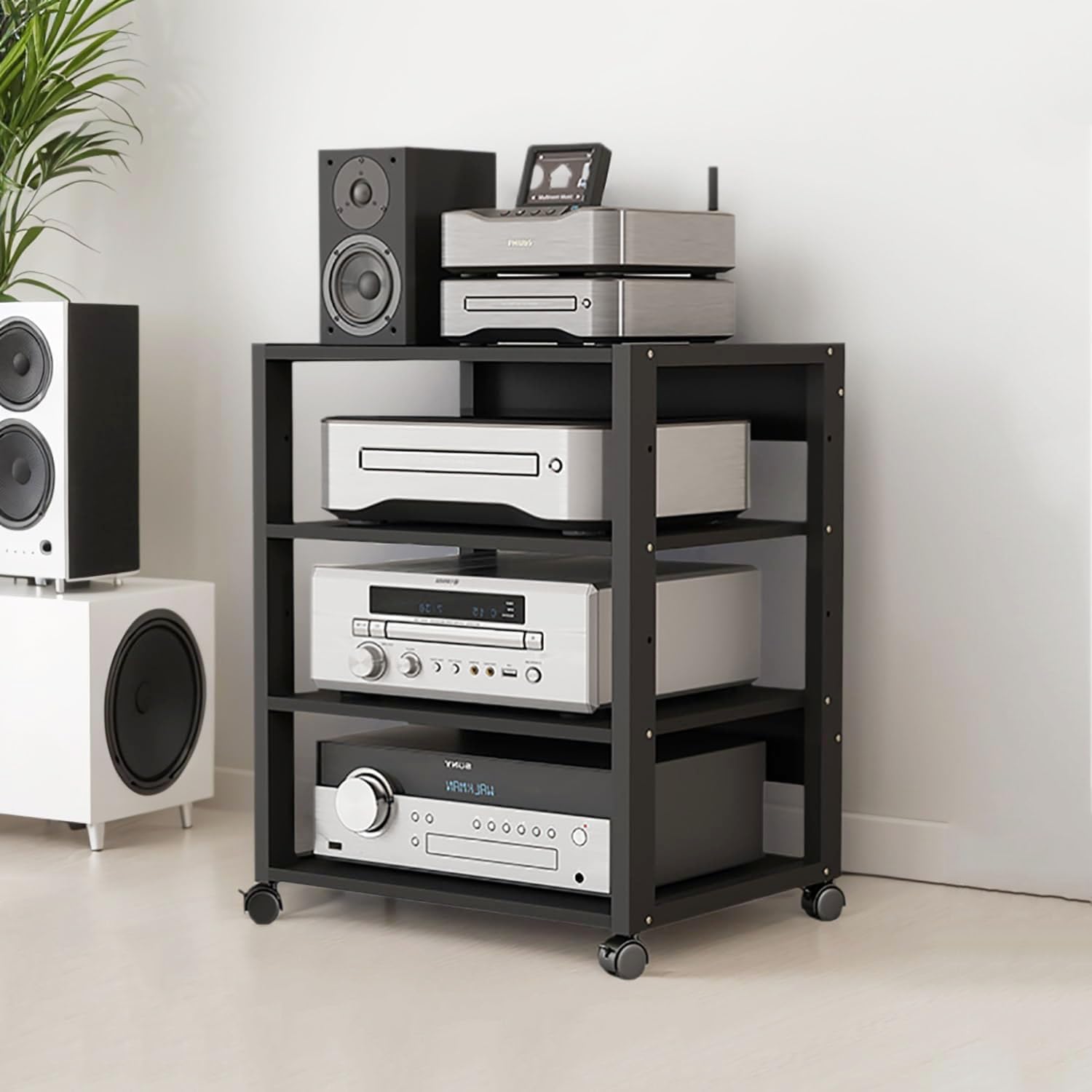 3/4/5 Tier Audio-Video Media Stand with Adjustable Shelves, Home Stereo System Entertainment Components Cabinet for Gaming, Meeting, Living, Recording Room, Black(50x40x69.5cm)