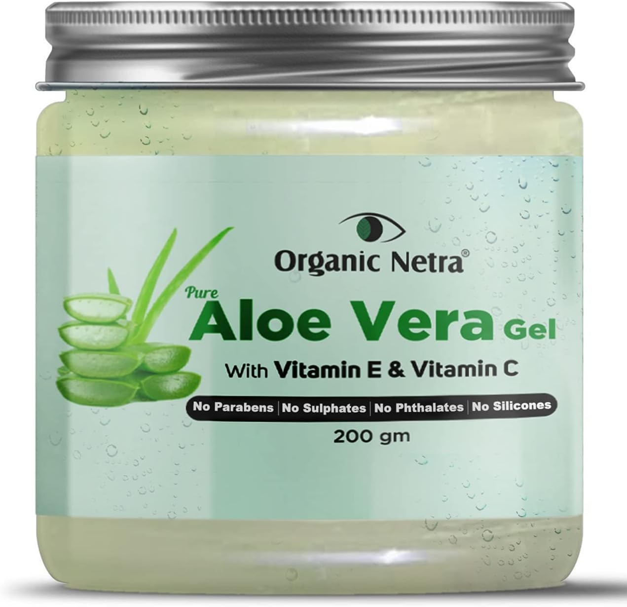 Organic Netra Pure Aloe Vera Gel with Vitamin C & E for Skin, Face and Hair | Helps to Repair and Smoothens Hair | Relax and Renew your Skin and Scalp |Paraben Free & Sulphate Free - 200 Gm