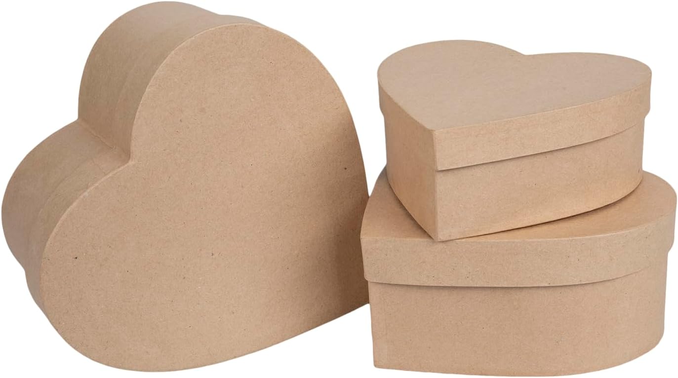 Heart Paper Mache Boxes with Lids (Set of 3) Brown Kraft