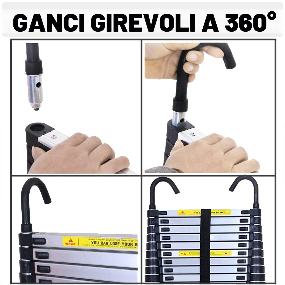 Scala Telescopica Allungabile 6,2 m - Alluminio, 15 Pioli, 2 Ganci, Multiuso Estensibile Robusta, Portata 150 kg, EN131