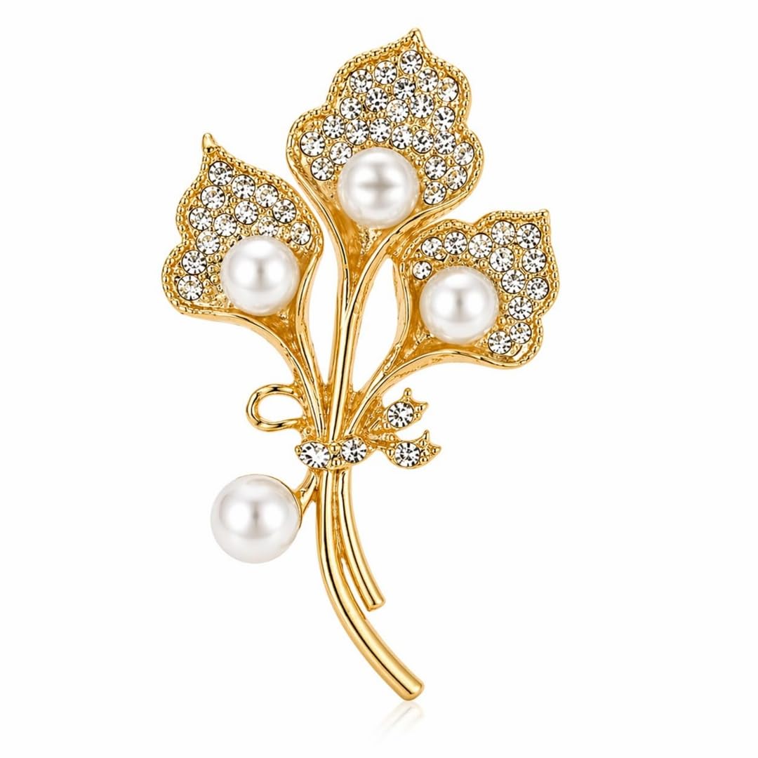 fiable collection Elegant Pearl Flower Brooch for Women | Gold Crystal Floral Brooch Pin | Designer Saree Brooch for Blazer, Coat, Dress | Wedding Party Jewelry Gift-picture-37