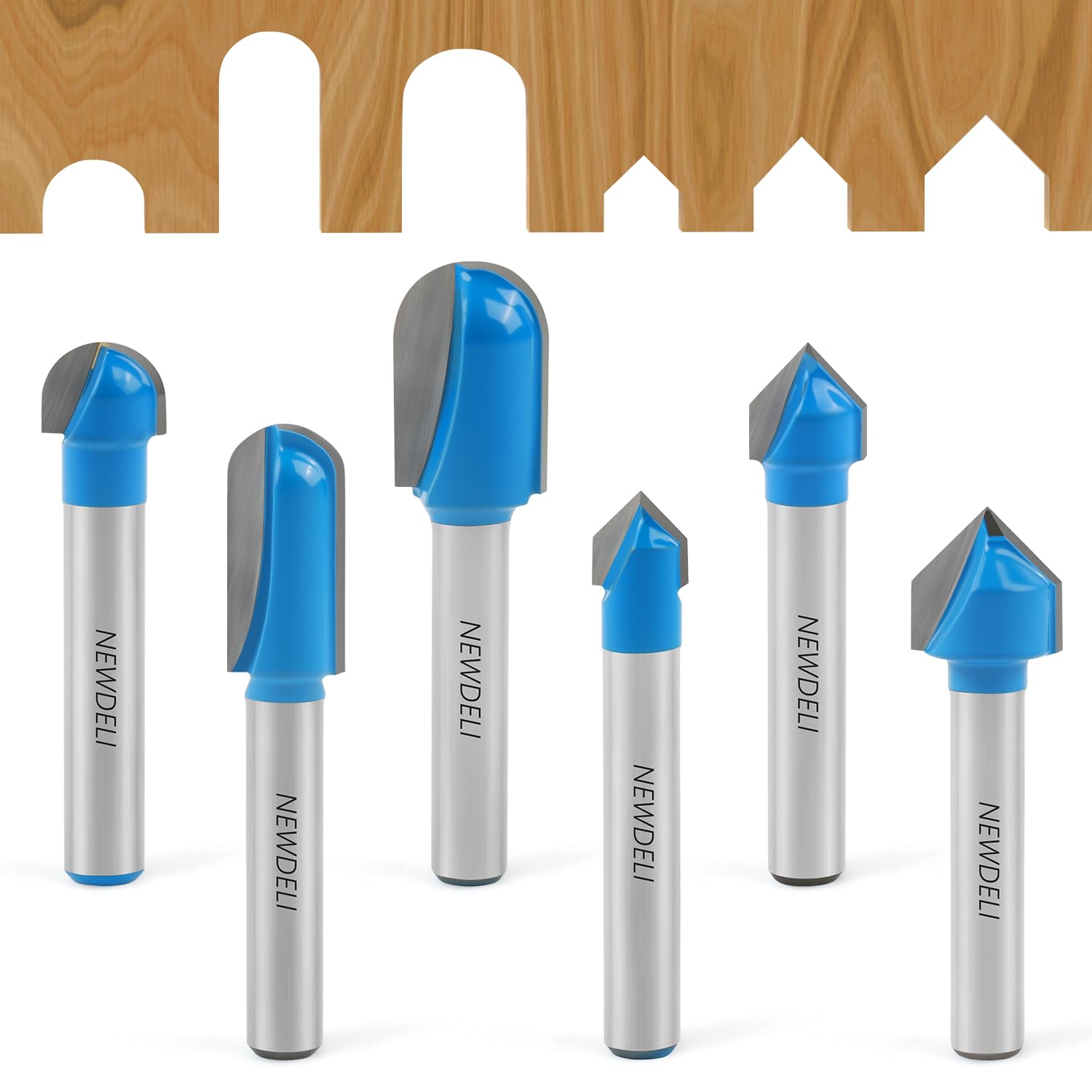 Newdeli 6Pcs Round Nose Router Bit and 90 Degree V Groove Router Bit Set 1/4" Shank Cove Box Router Bits Juice Groove Router Bits CNC Woodworking Tool