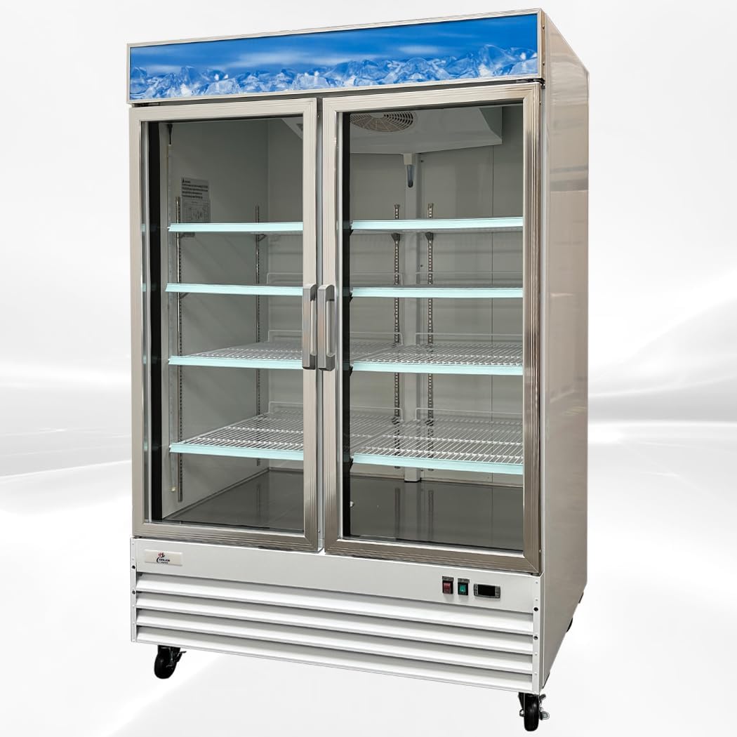 cooler depot Commercial Freezer Glass 2 Double Door Coated Steel Frame&Exterior, Aluminium Interior, Upright Reach in NSF 53" W 8 Shelves, Display Merchandiser 45 cuft -10°F~ 0°F D1.2BM2F