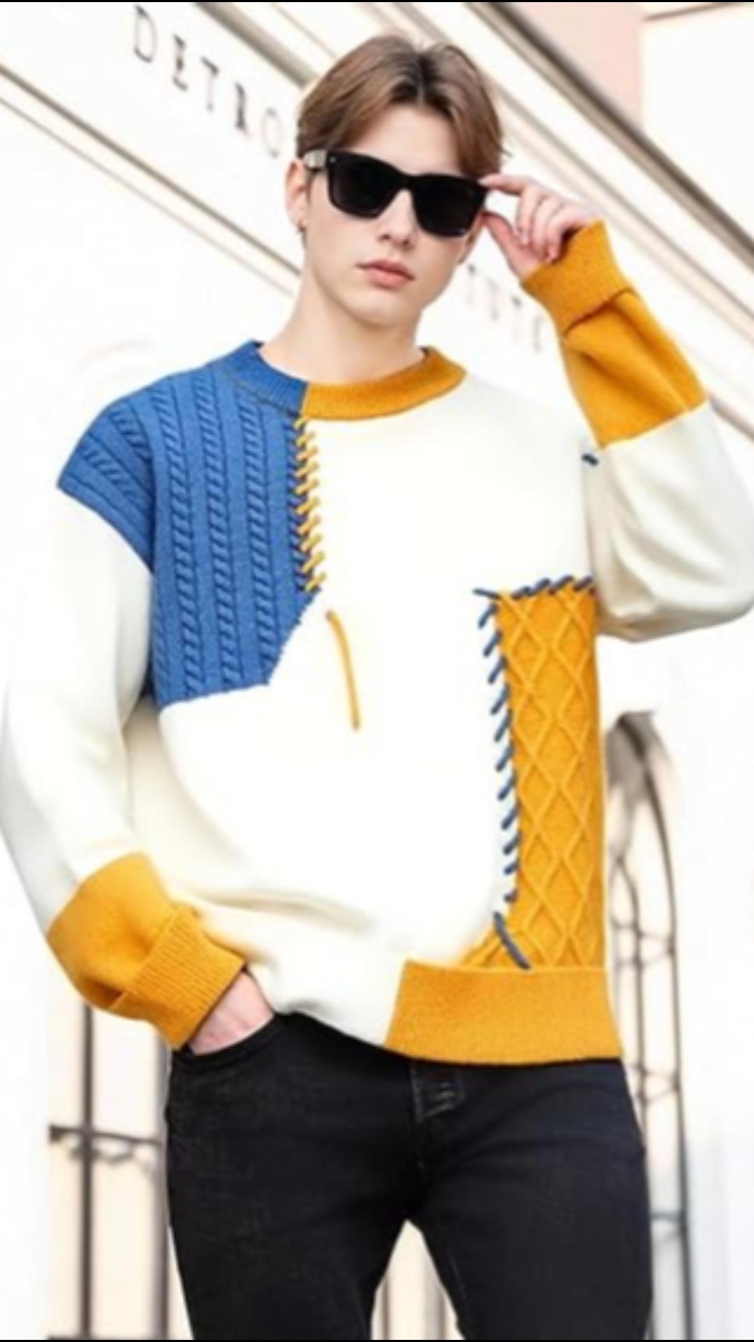 GURUNVANI Mens Color Block Patchwork Sweater Oversized Cable Knit