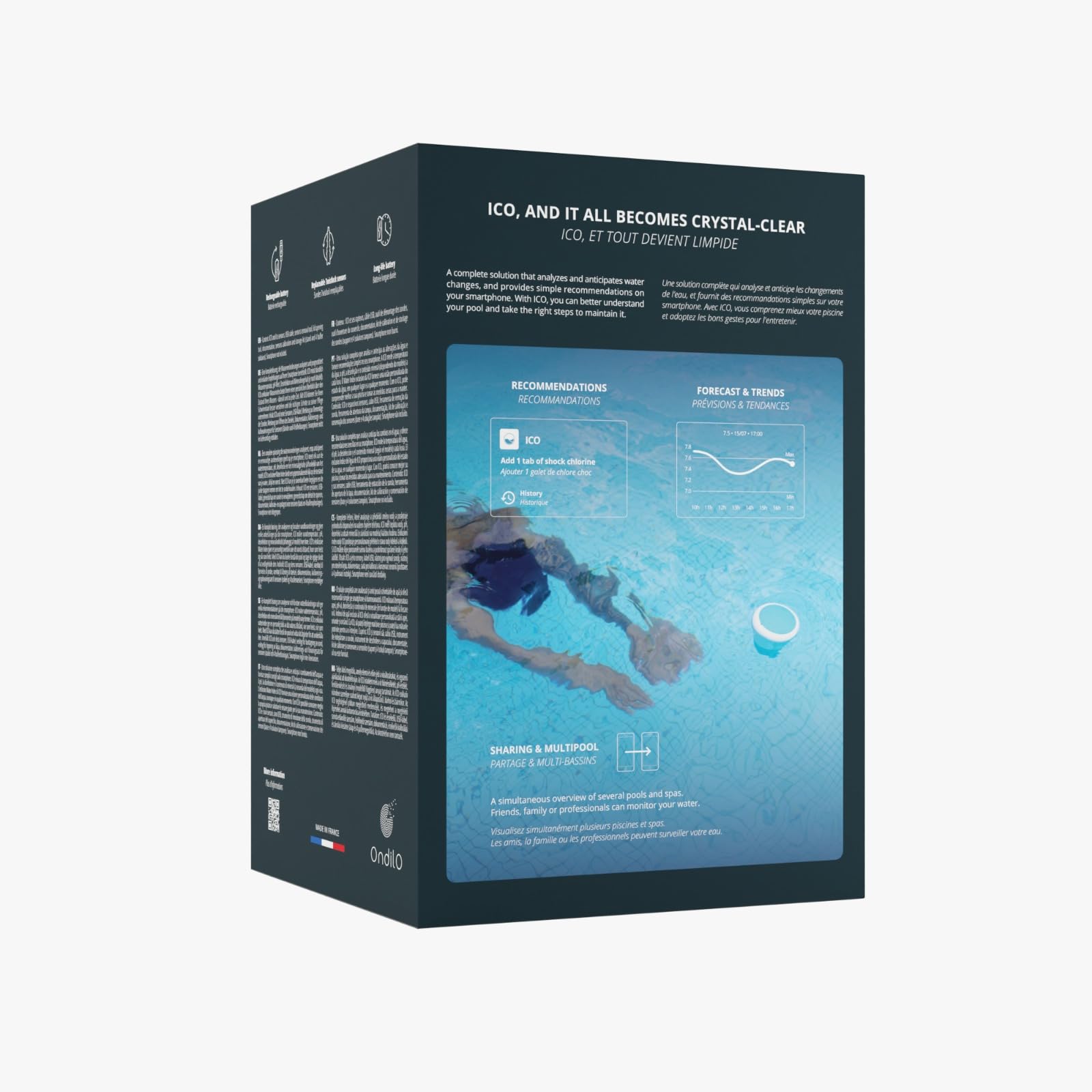 Ondilo ICO Pool V2 Essential+ Chlore Brome - Analyseur d'eau connecté pour piscines traitées au Chlore ou au Brome - Mesures toutes les heures pH, ORP, température de l'eau - Kit de calibration inclus