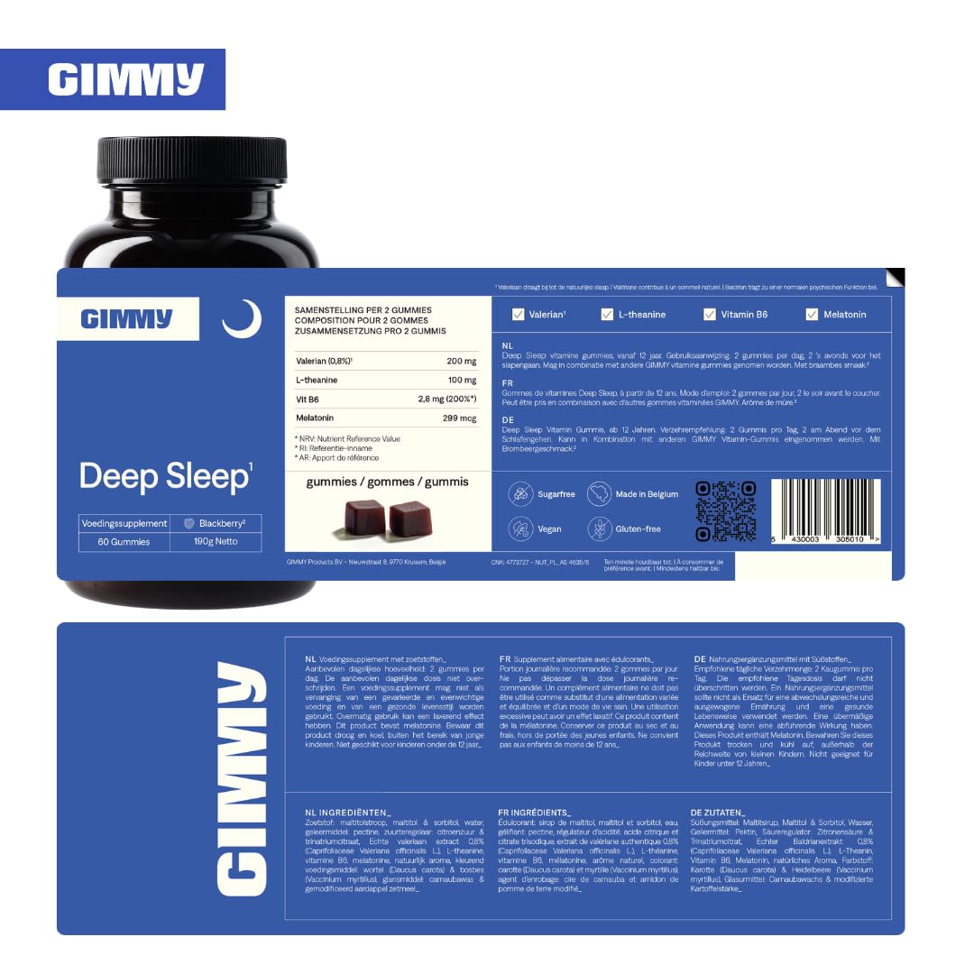 GIMMY Deep Sleep - compliment alimentaire aux gommes pour le sommeil - melatonine, L-théanine, valériane, vitamine B6 et camomille - sans sucres et vegetalien (60 pieces, 2 par jour avant le coucher)